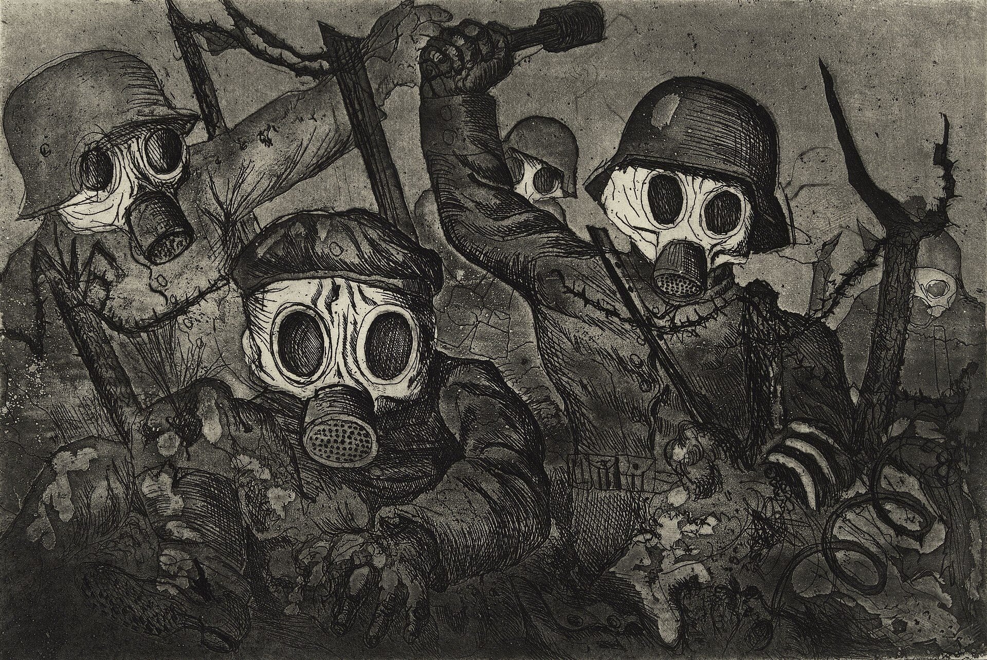 Stormtroops_Advancing_Under_Gas_etching_and_aquatint_by_Otto_Dix_1924